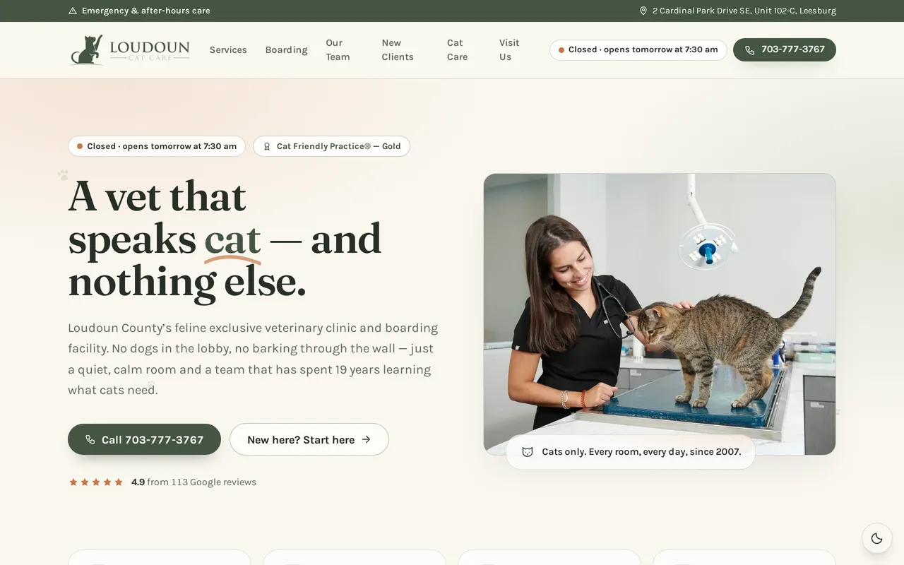 Loudoun Cat Care — new website (after), desktop