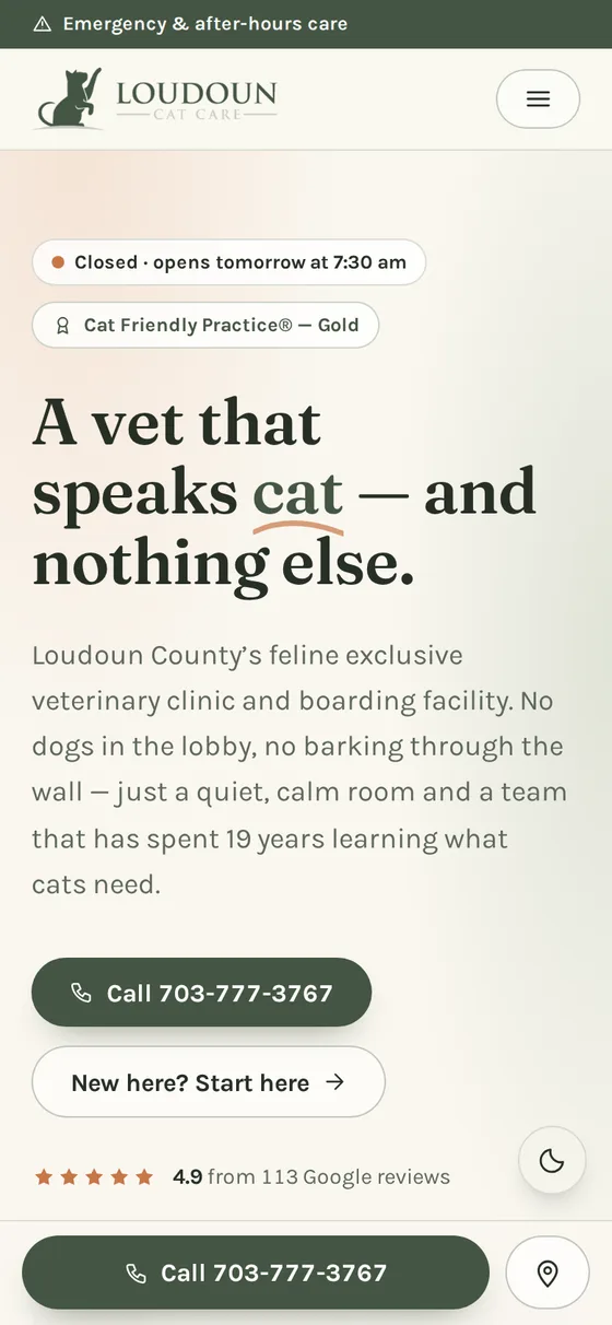 Loudoun Cat Care — new website (after), mobile