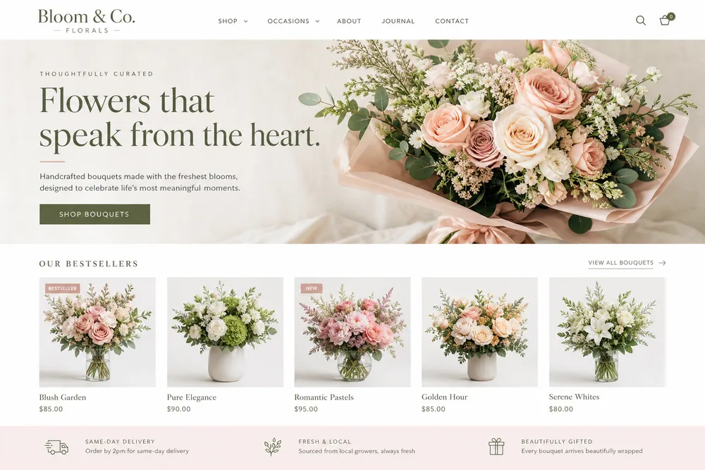 Bloom & Co. Florals — modern website, desktop view
