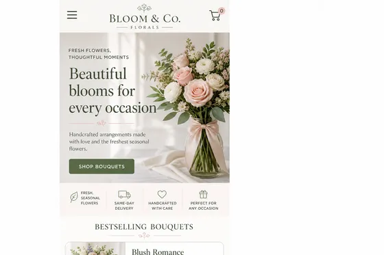 Bloom & Co. Florals — modern website, mobile view