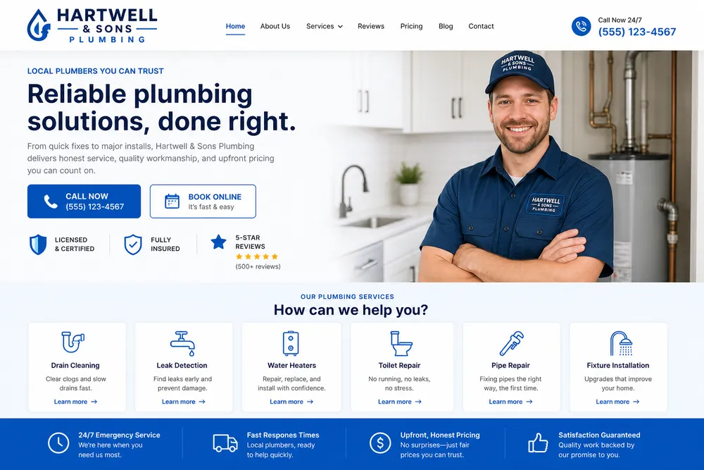 Hartwell & Sons Plumbing — modern website, desktop view