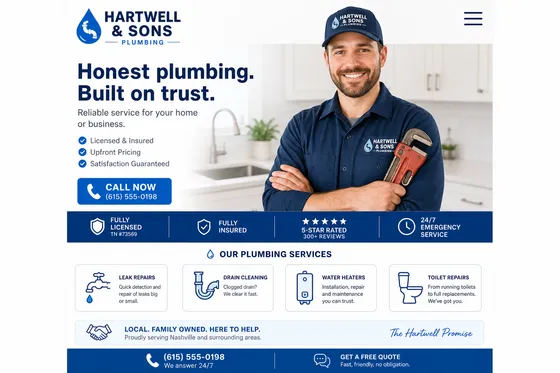 Hartwell & Sons Plumbing — modern website, mobile view