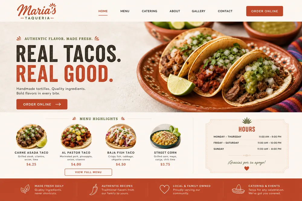 Maria’s Taqueria — modern website, desktop view