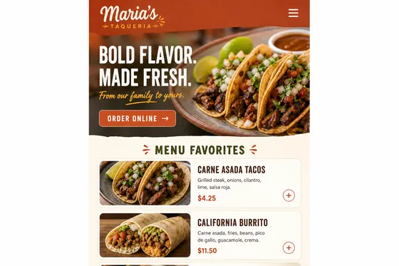 Maria’s Taqueria — modern website, mobile view